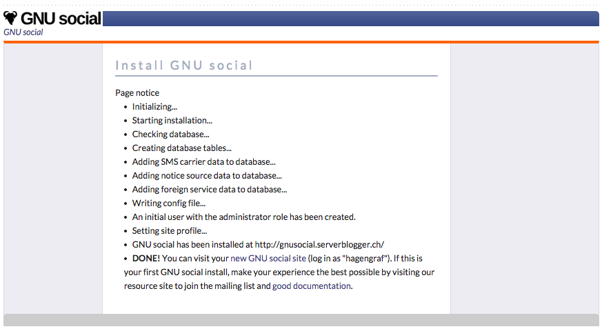 GNU social Installation erfolgreich